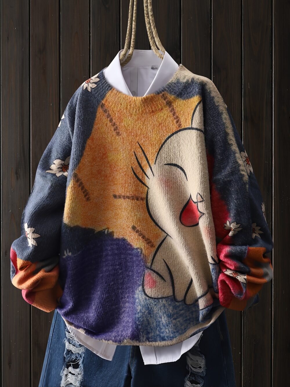 7d9eebe3-b633-487e-91d6-a53d80b9d733.jpg Women's White Cat & Floral Print Crew Neck Sweater