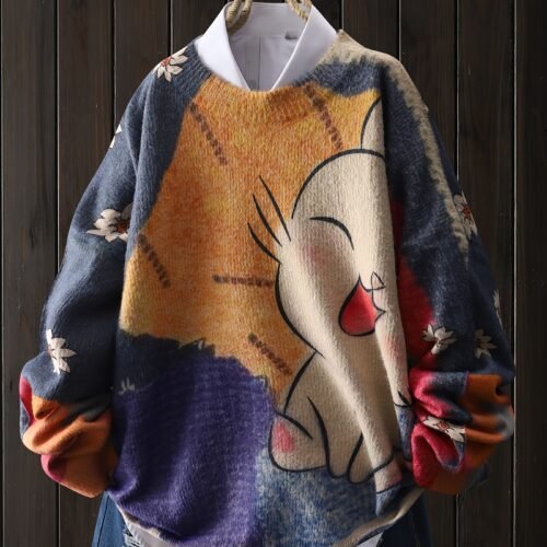 7d9eebe3-b633-487e-91d6-a53d80b9d733.jpg Women's White Cat & Floral Print Crew Neck Sweater
