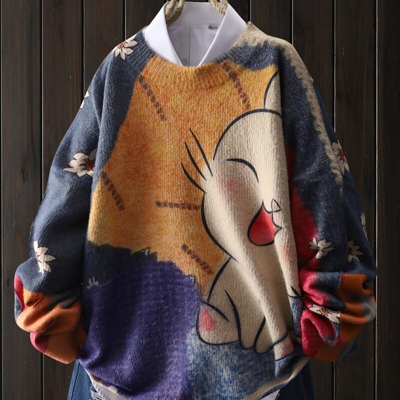 Women's White Cat & Floral Print Crew Neck Sweater
