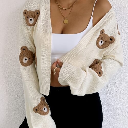 Women's Cute Bear Design Ribbed Cardigan
