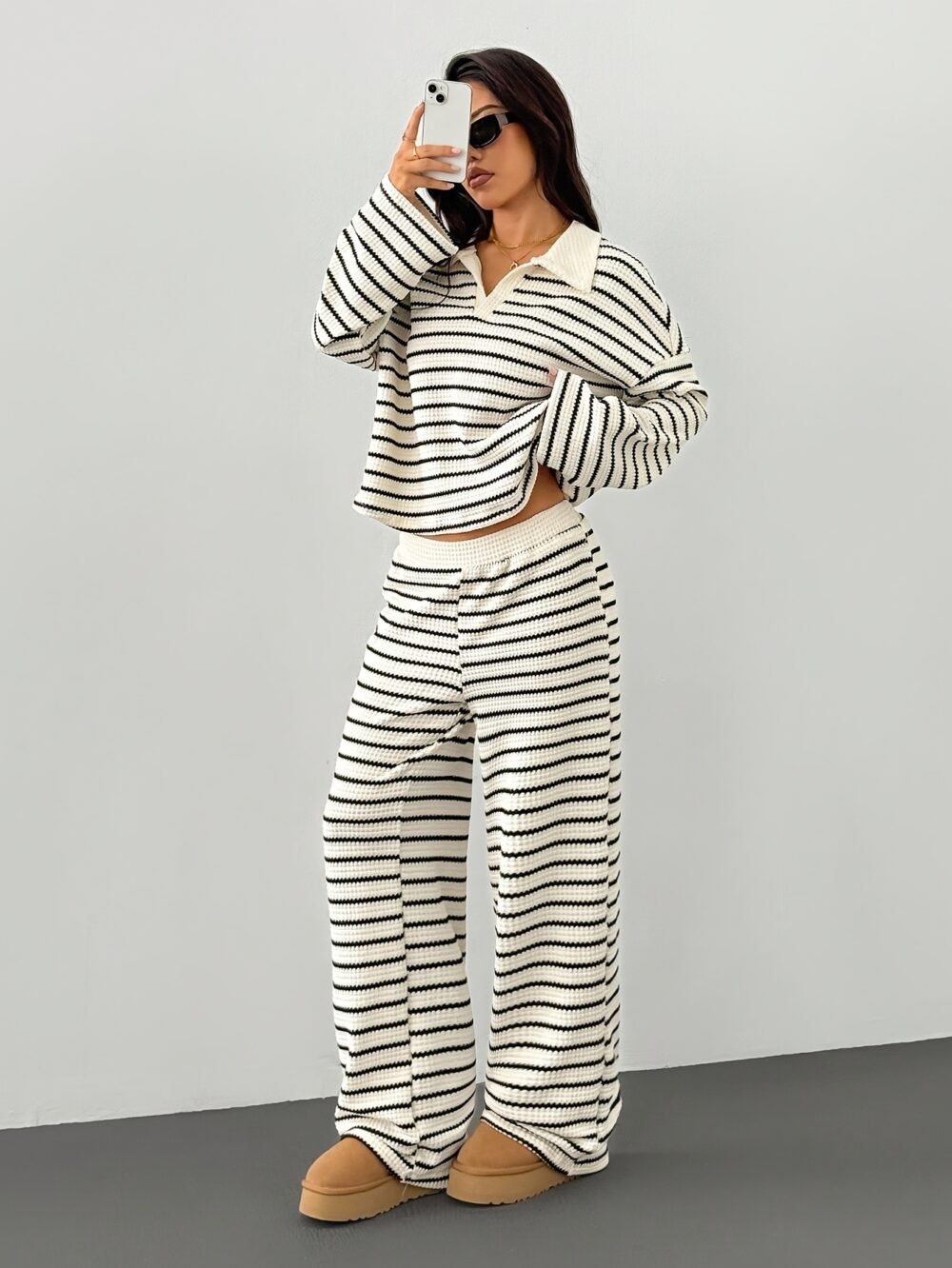Women's Striped V-Neck Long Sleeve Top & Elastic Waist Pants 2-Piece Set