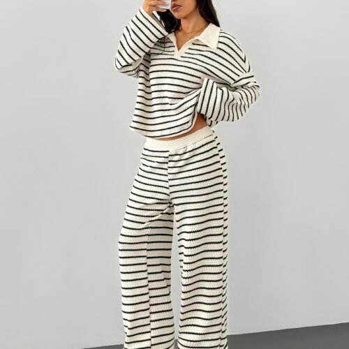 Women's Striped V-Neck Long Sleeve Top & Elastic Waist Pants 2-Piece Set