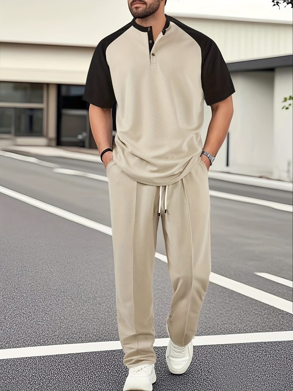 Men's Casual Color-Block Shirt & Drawstring Pants Set – Apricot