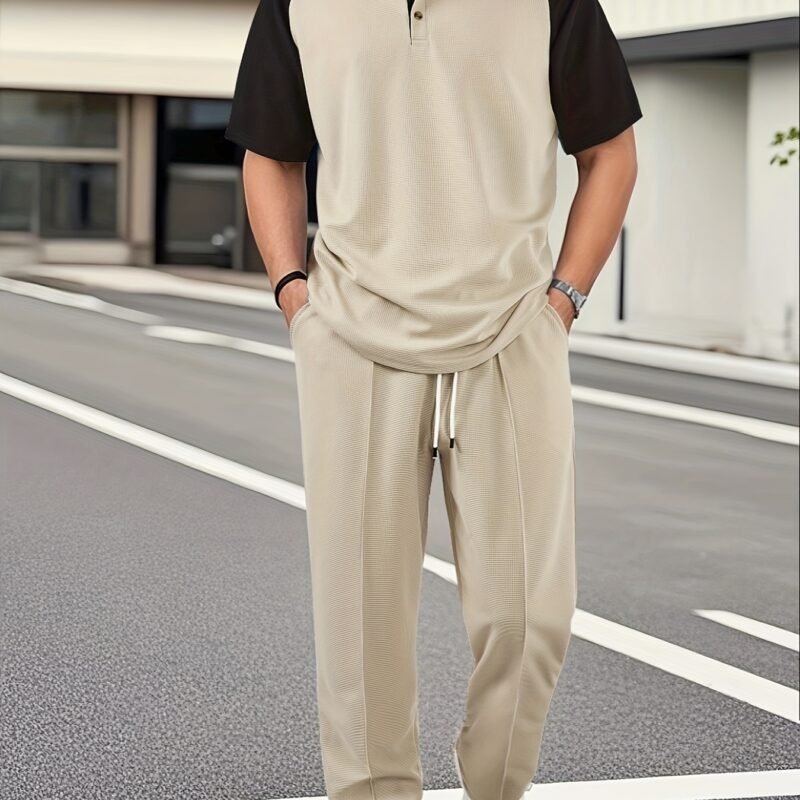 Men's Casual Color-Block Shirt & Drawstring Pants Set – Apricot