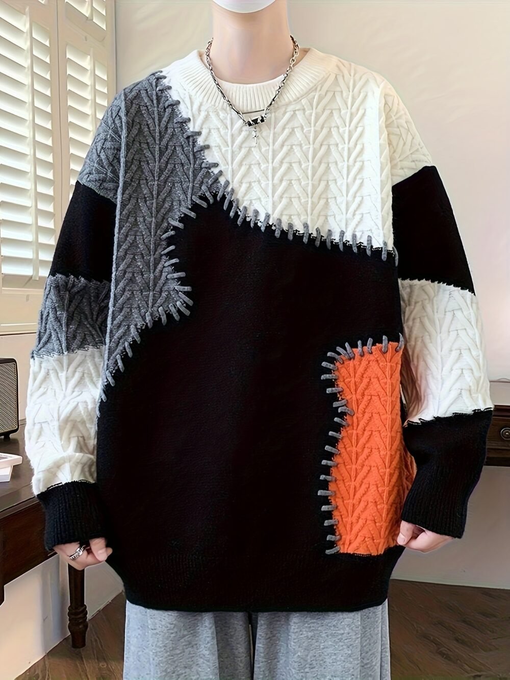 99067e1a-63d1-48fd-9fa3-283571f3a522.jpg Men's Trendy Spliced Knit Sweater