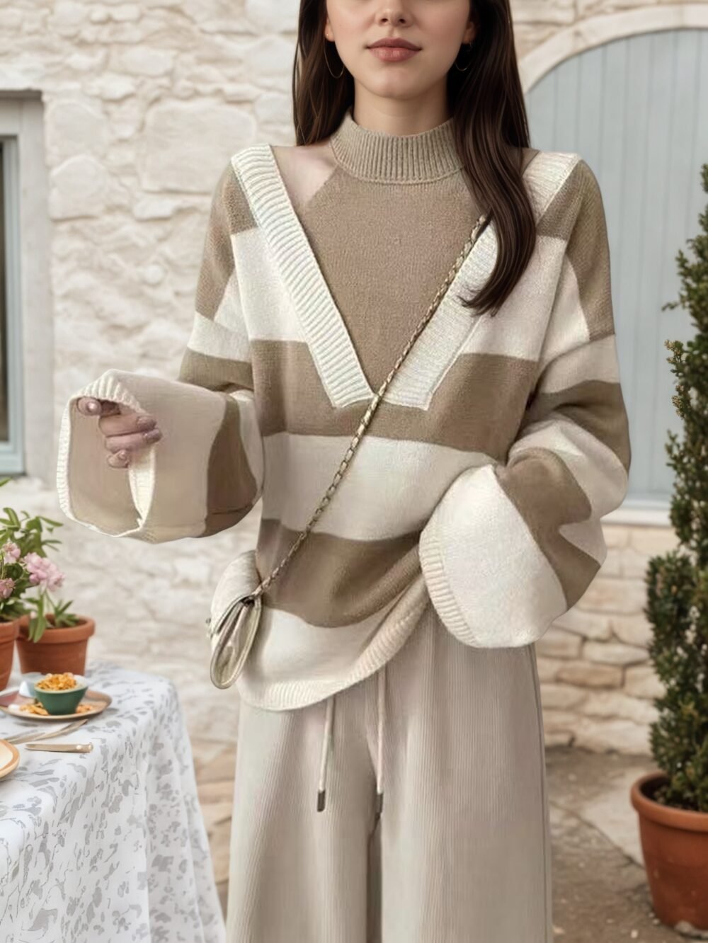 Women's Off-Shoulder Halter Neck Striped Sweater