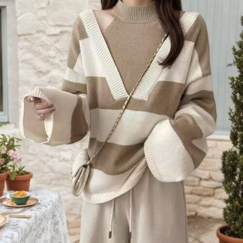 Women's Off-Shoulder Halter Neck Striped Sweater