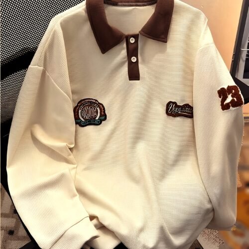 Men's Vintage Waffle Long Sleeve Polo Shirt with Contrast Collar