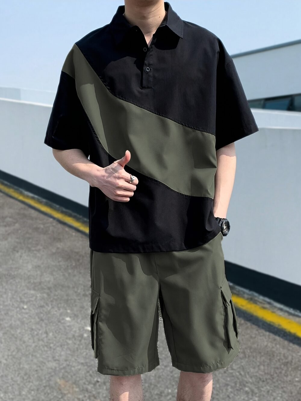 Men's Casual Athletic Top & Bottom 2-Piece Set – Black / Army Green