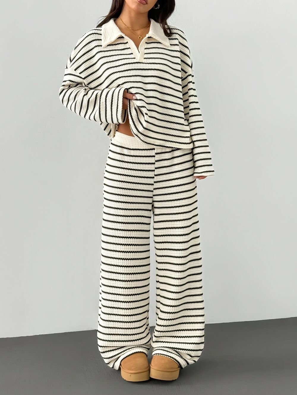 Women's Striped V-Neck Long Sleeve Top & Elastic Waist Pants 2-Piece Set