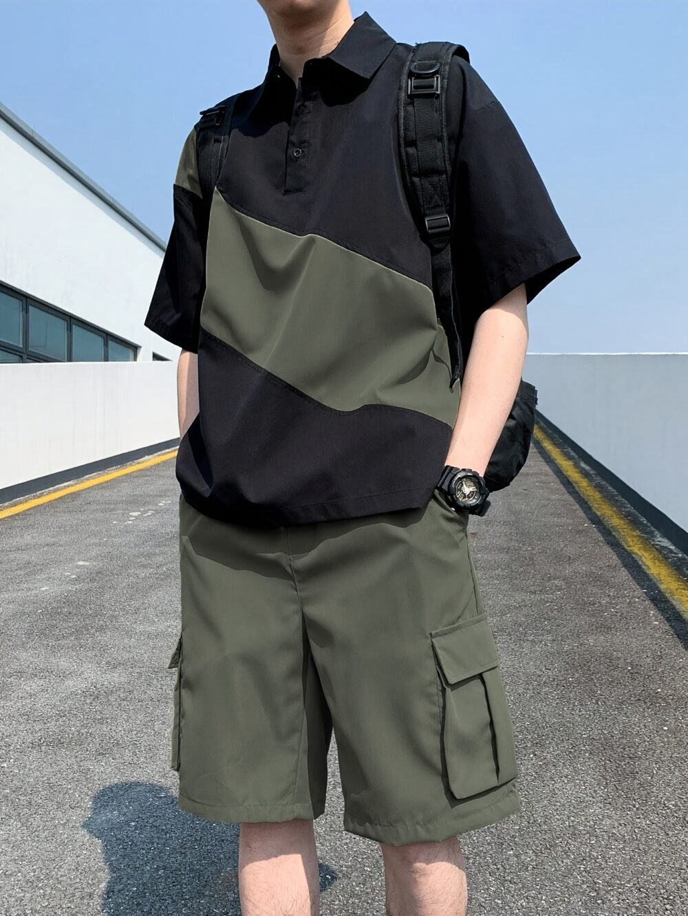 Men's Casual Athletic Top & Bottom 2-Piece Set – Black / Army Green