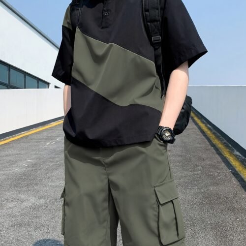 Men's Casual Athletic Top & Bottom 2-Piece Set – Black / Army Green