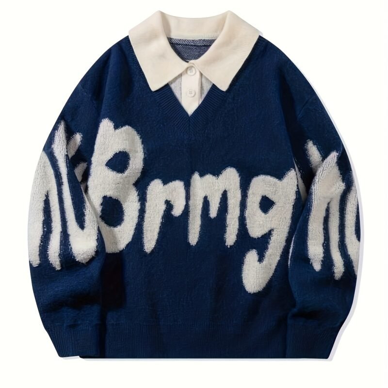 Men's Academic Style Loose Fit Lapel Sweater – Navy