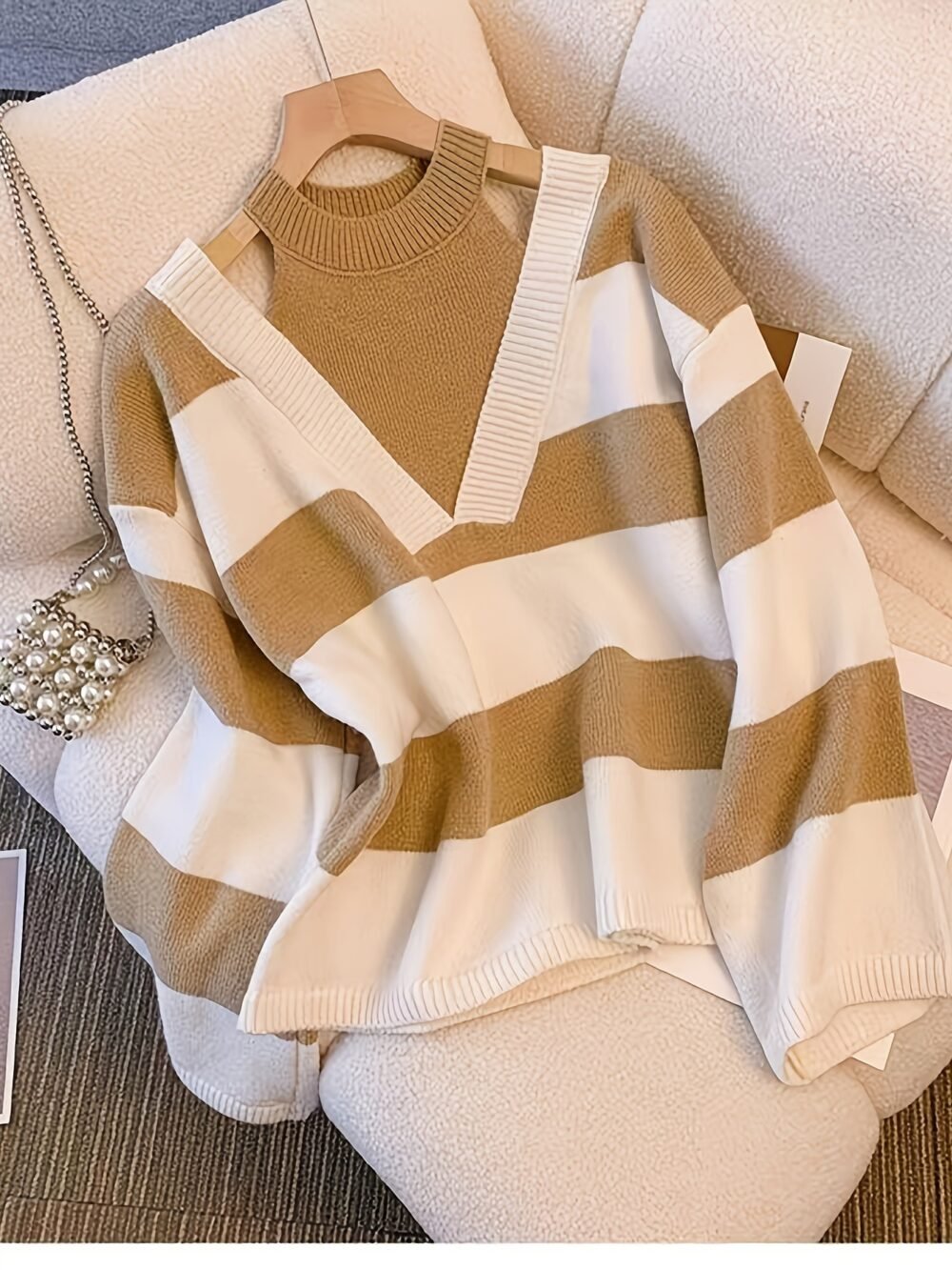 Women's Off-Shoulder Halter Neck Striped Sweater