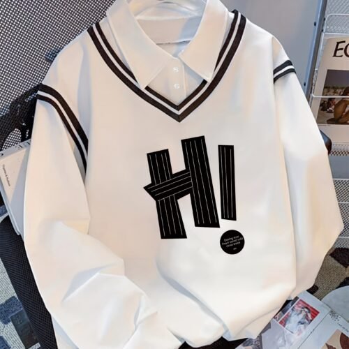 American Retro College Style Color-Block Fake Two-Piece Polo Collar Long Sleeve Top for Women