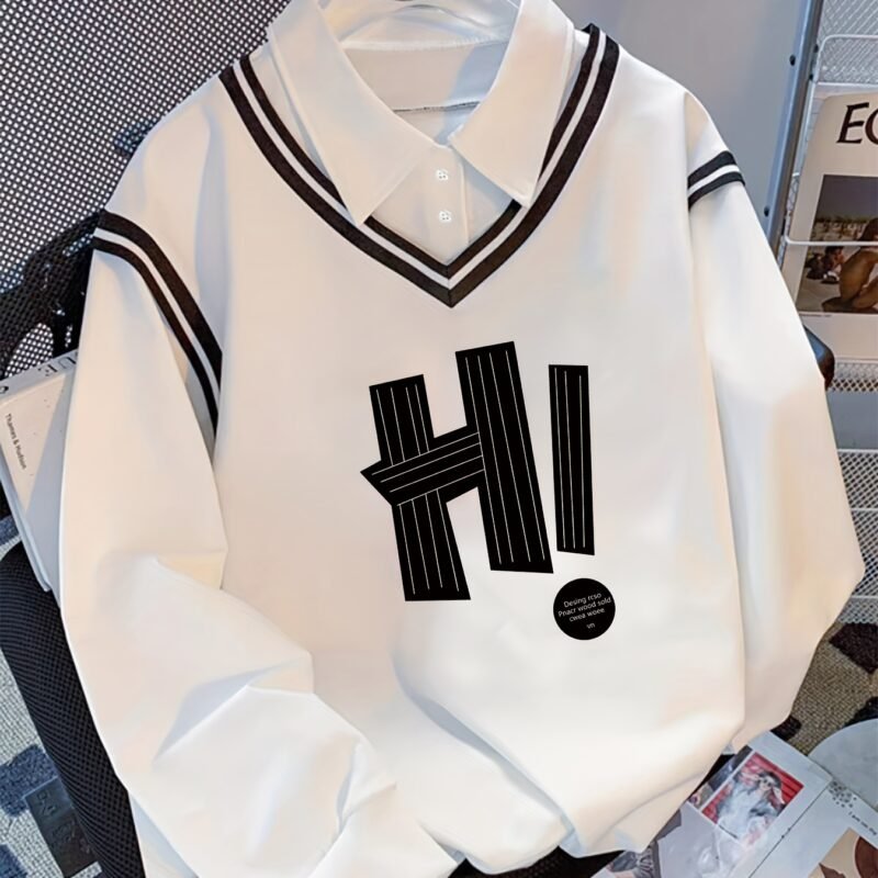American Retro College Style Color-Block Fake Two-Piece Polo Collar Long Sleeve Top for Women