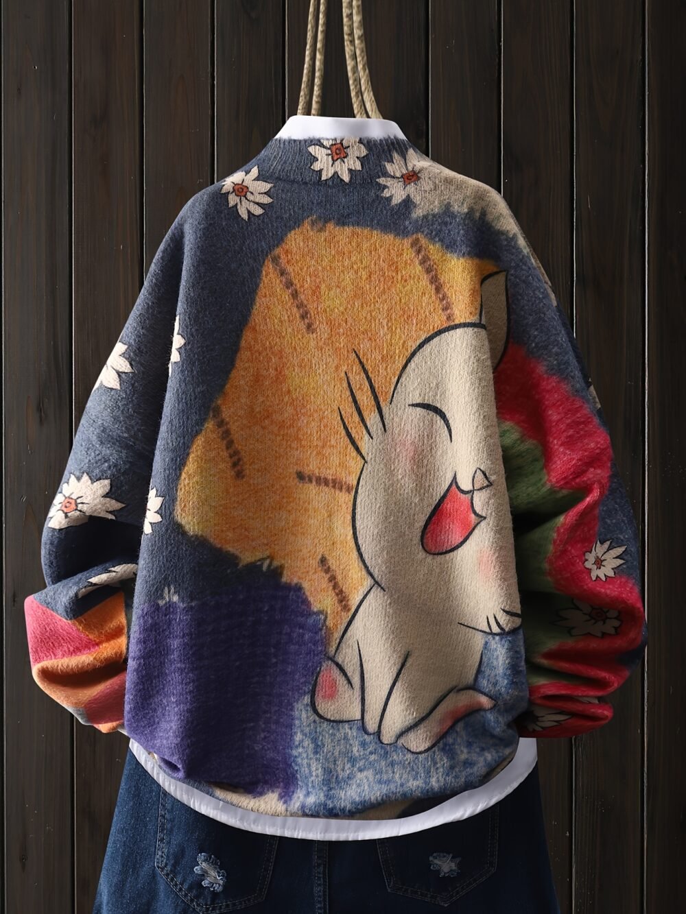 f2c9d193-57b3-4d38-8906-62bf34a0f6b7.jpg Women's White Cat & Floral Print Crew Neck Sweater