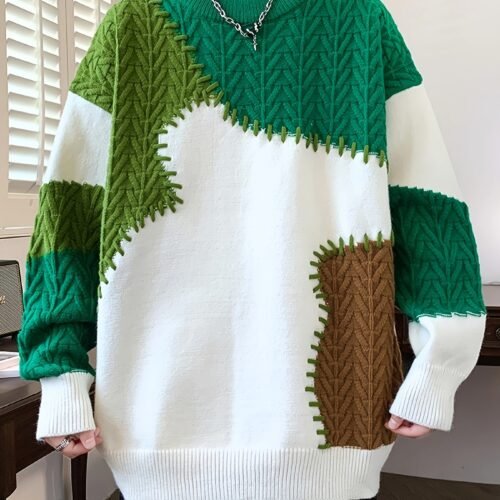 Men's Color-Block Spliced Knit Sweater – Green
