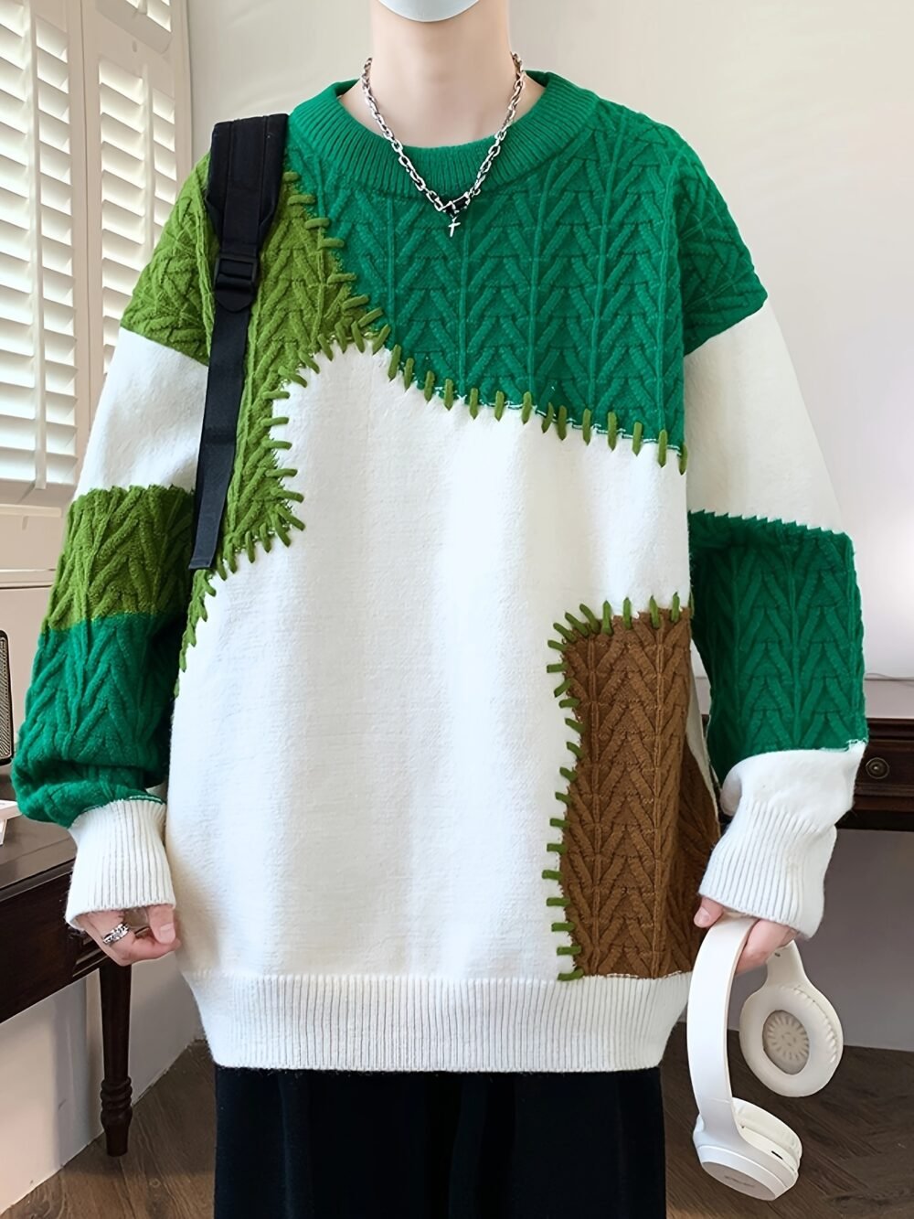 Men's Color-Block Spliced Knit Sweater – Green